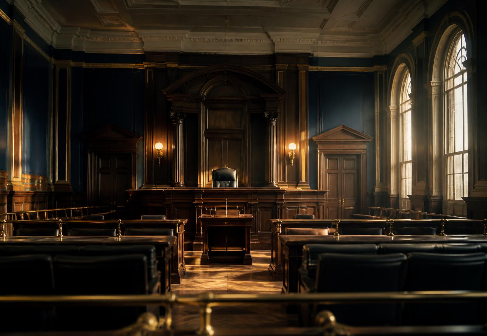 An empty courtroom with a polished wooden bench and tall arched windows